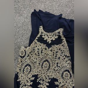 Navy blue and gold prom dress